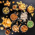 Assorted snacks including chips, nuts, popcorn and crispy treats in bowls